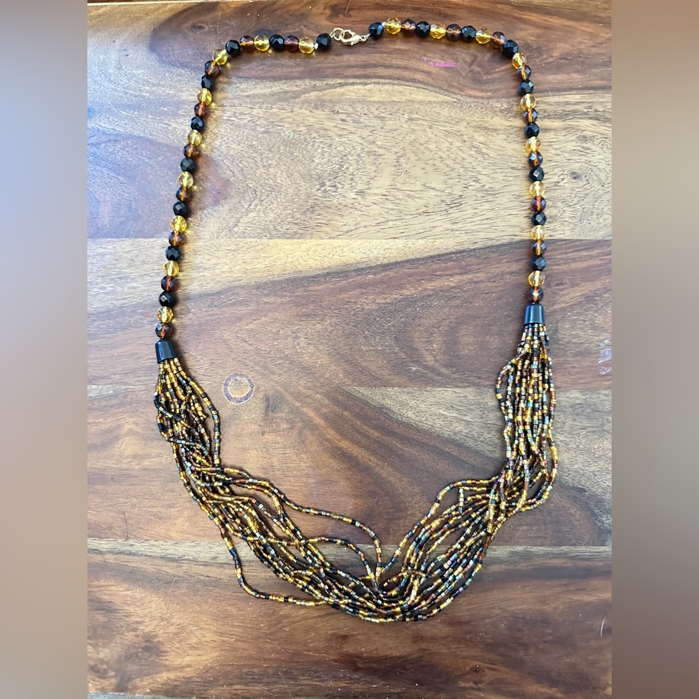 Handmade Beaded Torsade Necklace – Amber & Black Twist